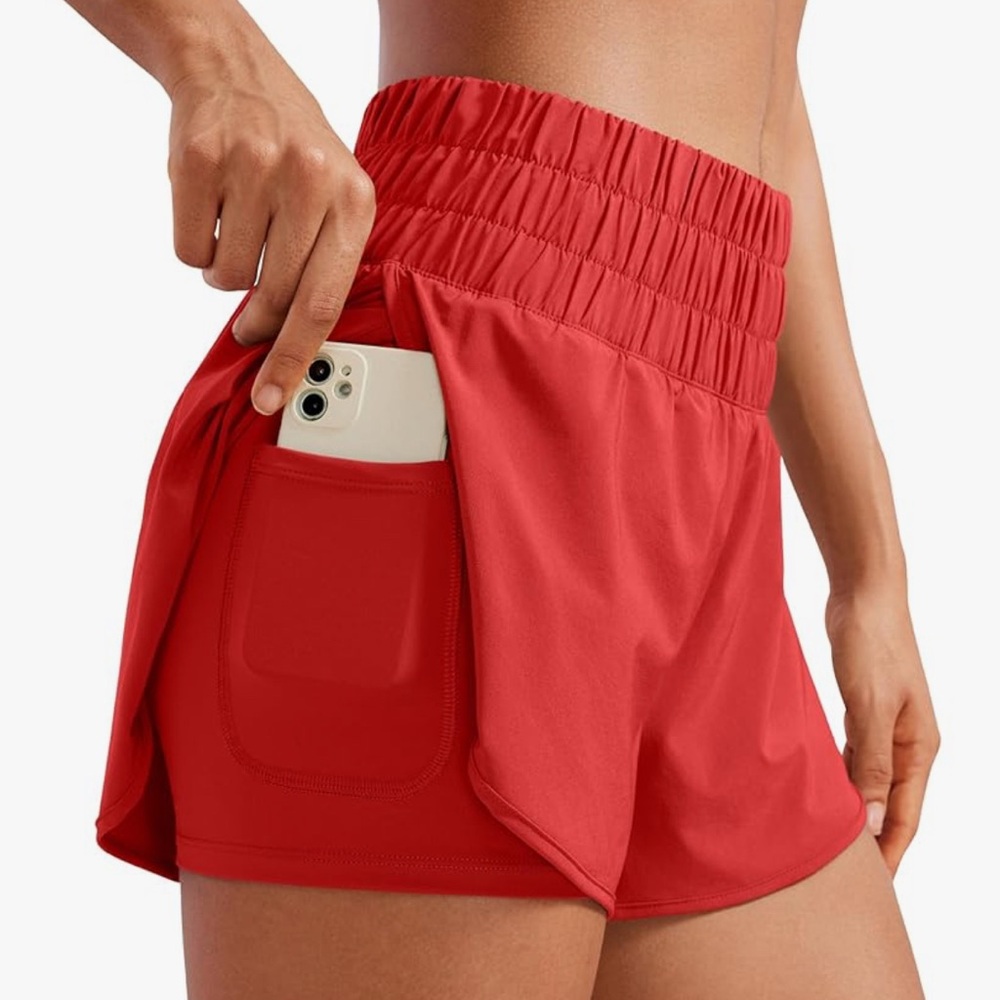CRZ YOGA High Waisted Running Shorts for Women 3" with Pocket, Red, XS